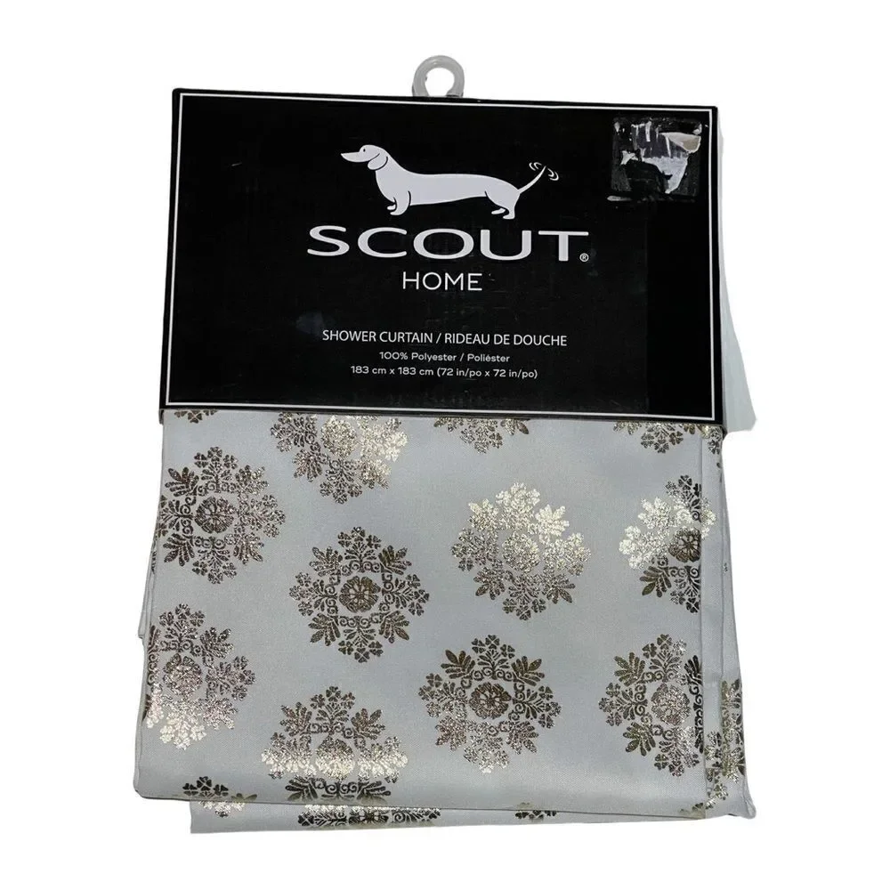 SCOUT Home Shower Curtain Snowflake Gold on White 100% Polyester 72x72” NWT